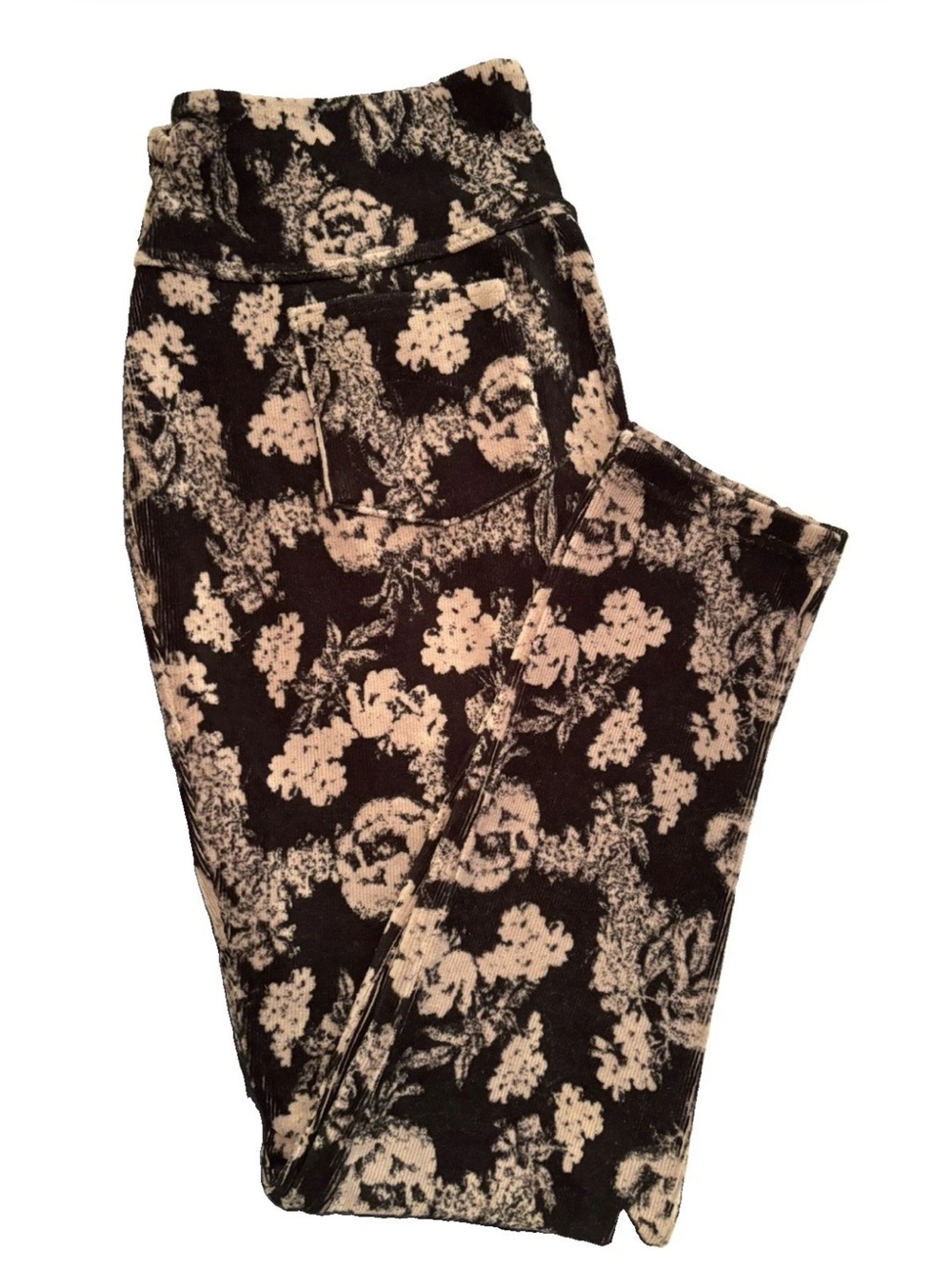 Suave Floral Print Corduroy Ankle Leggings - Black and Cream Stretch